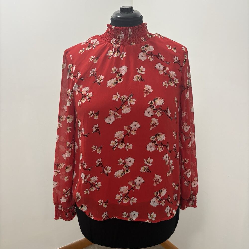 Marisol Womens L Red Floral Blouse Smocked Mock Neck Sheer Long Sleeve Romantic